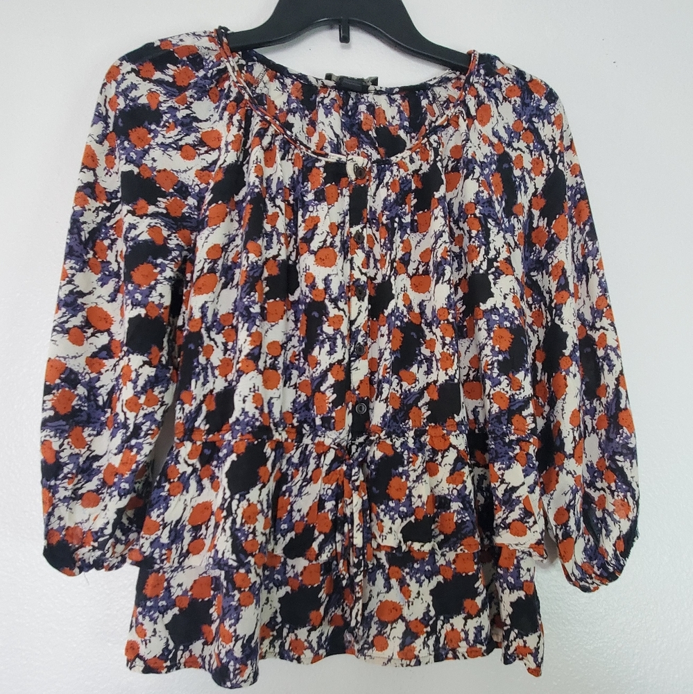 Long sleeve navy blue and orange ruffle shirt